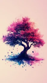 Bicolor abstract tree with magenta foliage and ink-splash roots.