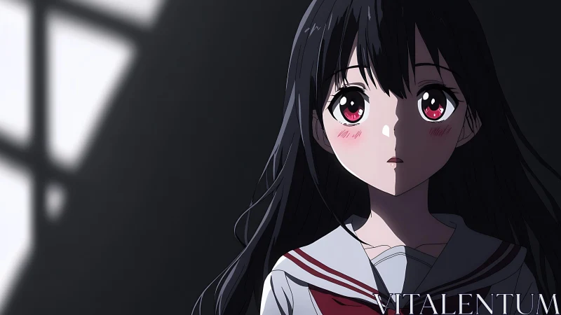 Quiet corridor moment with a wide-eyed anime schoolgirl.