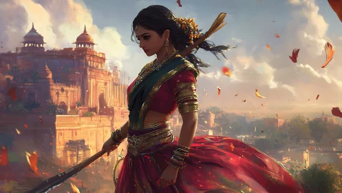 Warrior princess strides through ember-lit palace winds.