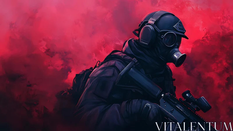 Tactical operator in gas mask within saturated red smoke.
