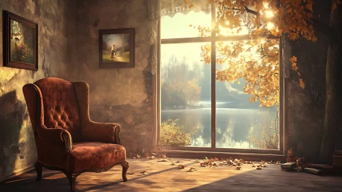 Sunlit autumn reading nook with a cozy vintage armchair.