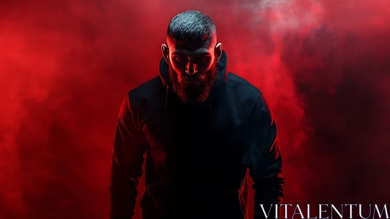 Brooding man in hooded sweatshirt amid red cinematic smoke.
