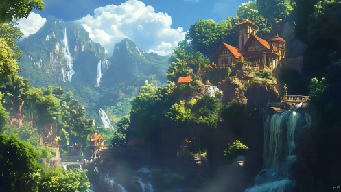 Mountain waterfall retreat with terraced fantasy villas.