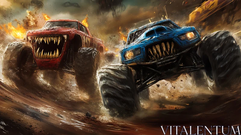 Monster trucks in fiery mud sprint with menacing grilles.