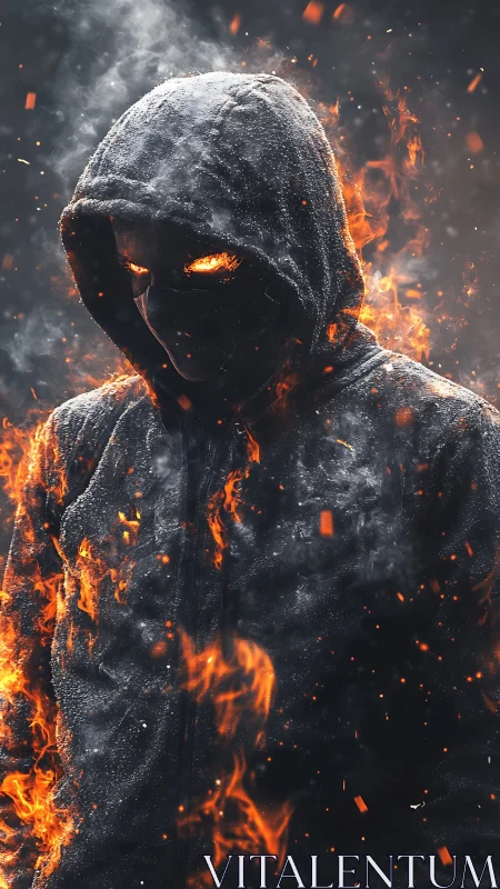 Mysterious hooded figure wrapped in glowing flames and cinders.