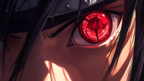 Crimson anime eye glowing with hidden power and resolve.