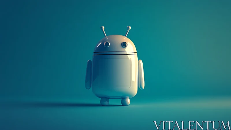 Glossy teal service droid in minimal studio environment.