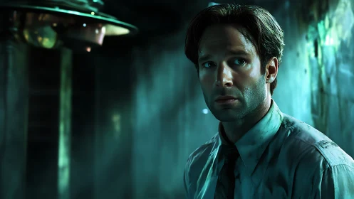 Man in stained shirt stands in dim, green-lit interior