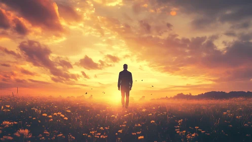 Silhouette of lone figure walking through field at sunset.