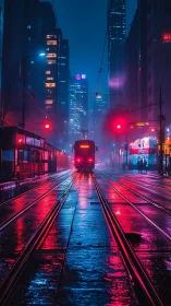 Neon tram gliding through a rainy midnight city glow.