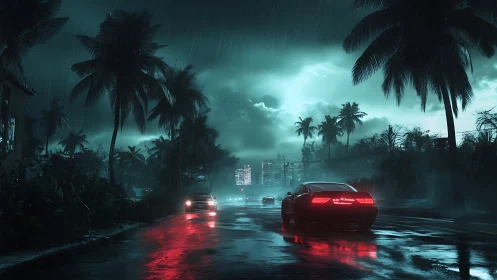 Nocturnal coastal highway in storm with neon-lit sports cars