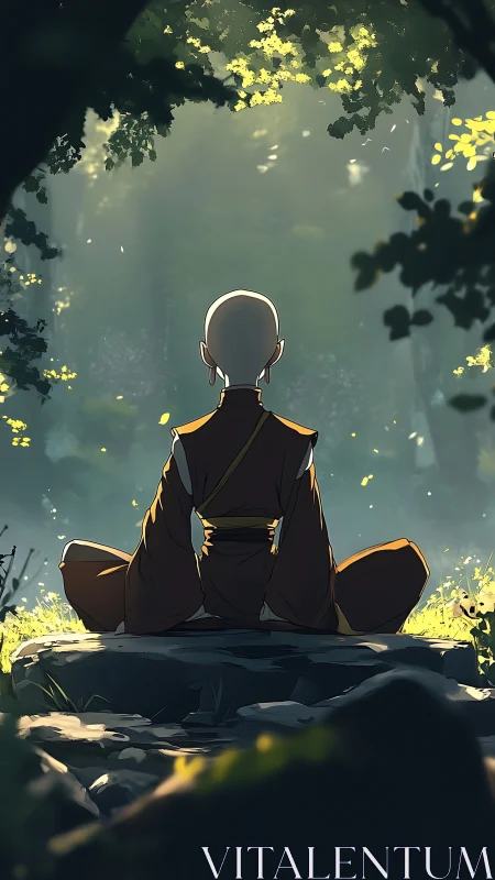 Sunlit forest meditation with a quiet young monk at rest.