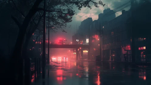 Moody rainy city street glowing with soft neon lights at dusk.