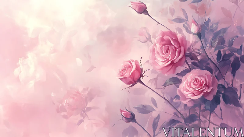 Pink Roses Dancing Through Misty Watercolor Dreams