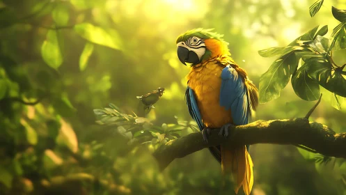 Sunlit jungle perch with a curious, colorful macaw friend.