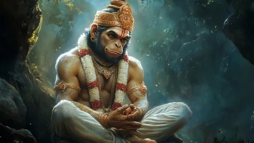 Divine monkey warrior meditates in a glowing forest sanctuary.