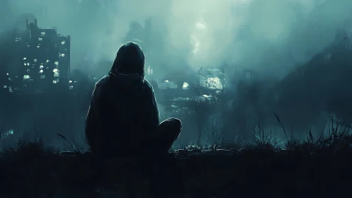 Hooded figure overlooking misty city at nightfall.