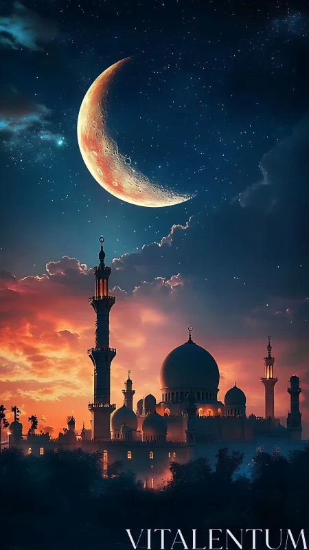 Crescent moon above illuminated mosque skyline at dusk.