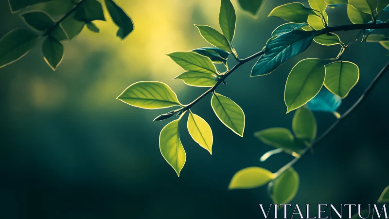 Sunlit Green Leaves on Branch in Soft Focus Nature Photography.
