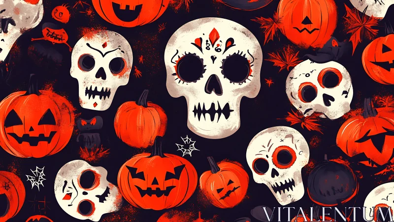 Candy-red pumpkins and grinning skulls in spooky whirlpool.