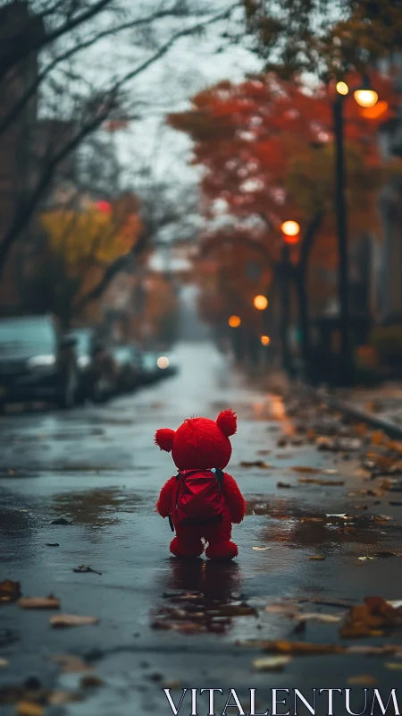 Little red bear wanders through a misty autumn city street.