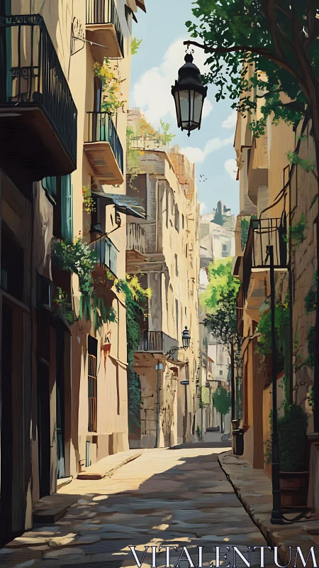 Sunlit Mediterranean alleyway glows with quiet morning calm