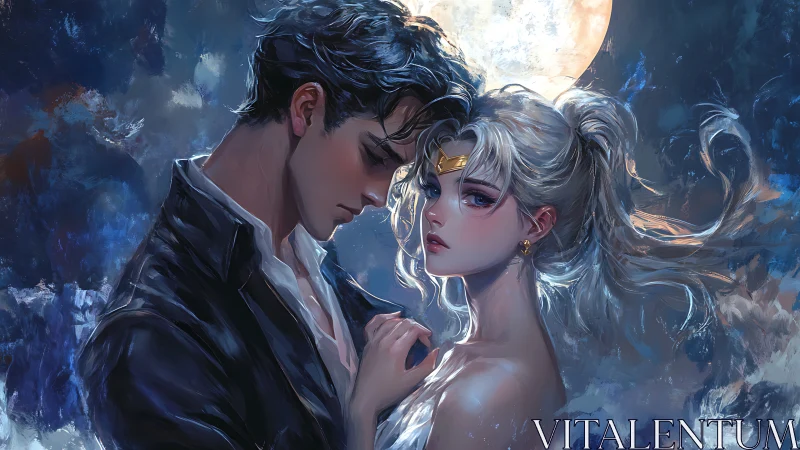 Romantic moonlit couple rendered in luminous anime style