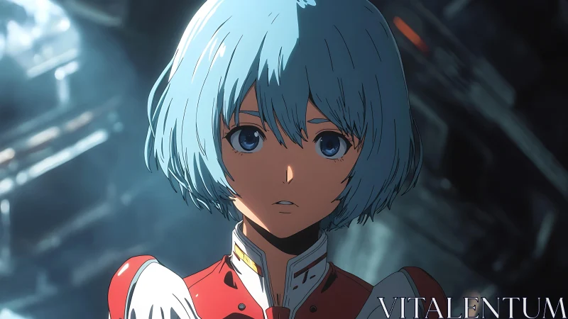 Blue haired anime pilot in red suit facing viewer.