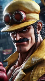 Close-up render shows muscular man in yellow cap and goggles