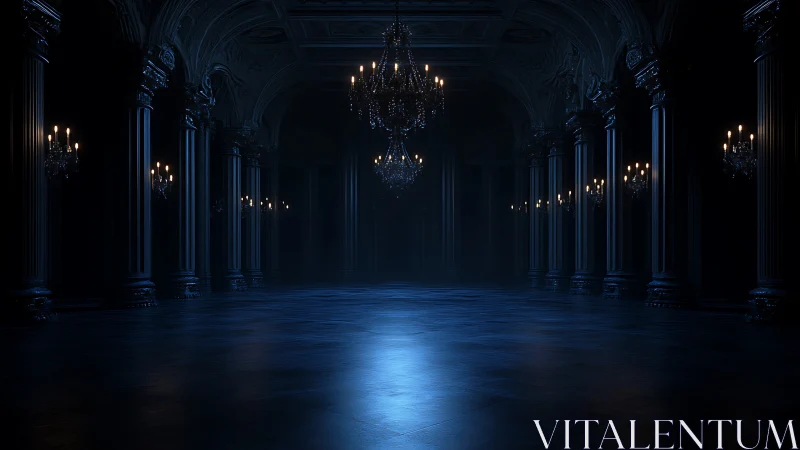 Grand baroque hall in moody blue chiaroscuro lighting.