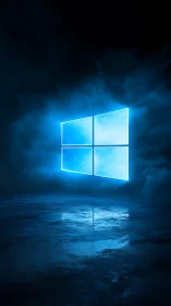 Glowing blue window logo in dark misted environment.