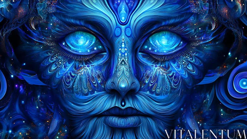 Cosmic blue visage merges human features with swirling galaxies