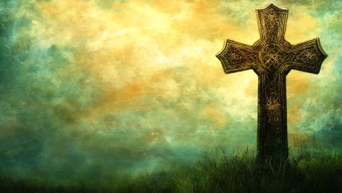 Sunlit Celtic cross standing quietly in painted sky glow.