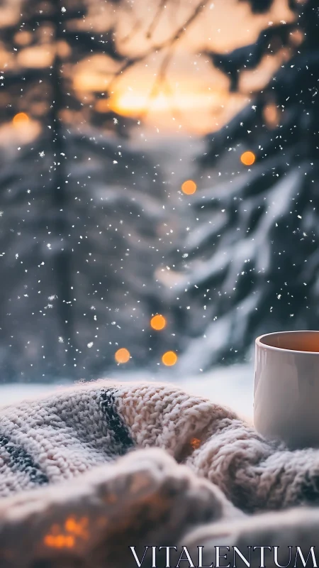Snowflakes drift quietly while morning coffee holds the warmth