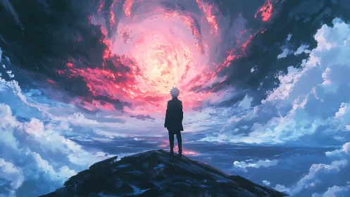 Solitary figure confronting luminous storm vortex sky.