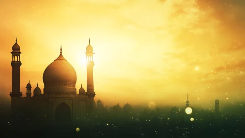 Golden mosque silhouette under radiant mystic sunset sky.
