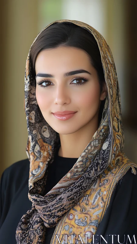 Portrait of woman in patterned headscarf, neutral background.