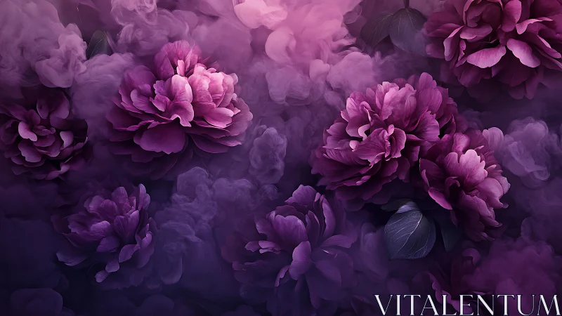 Velvety violet peonies drifting in dreamy twilight mist.