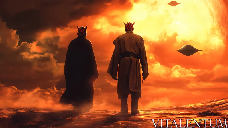 Twin horned wanderers under a swollen alien sunstorm.