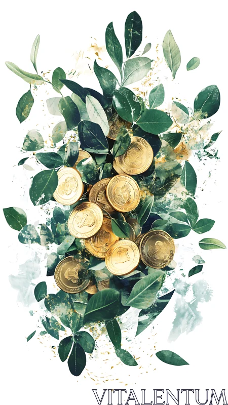Gold coins arranged among dense green leaves on white.