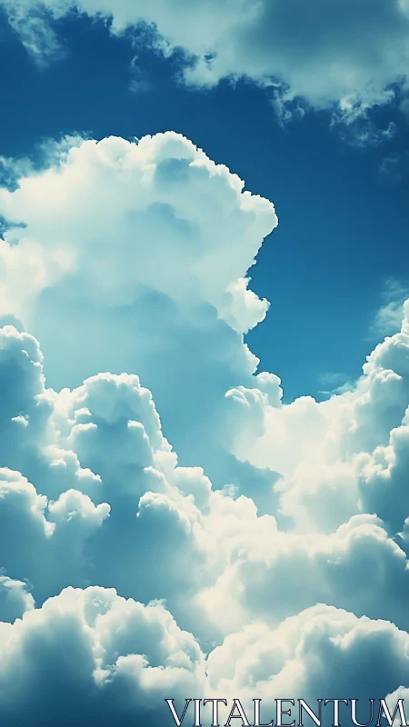 Towering cumulus clouds under deep blue summer sky.