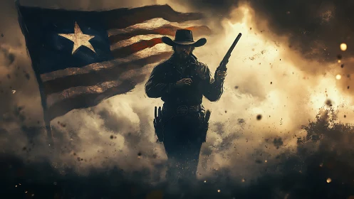 Lone gunslinger strides before tattered flag through smoke