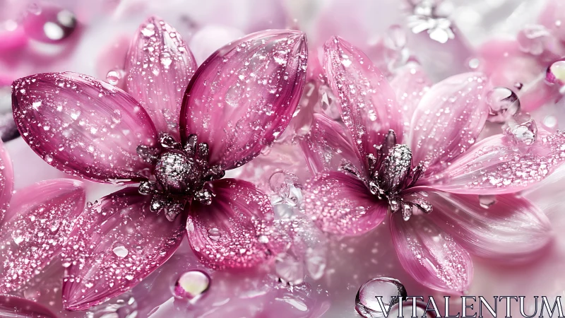 Delicate Pink Flowers Sparkle with Dewdrops and Shimmer