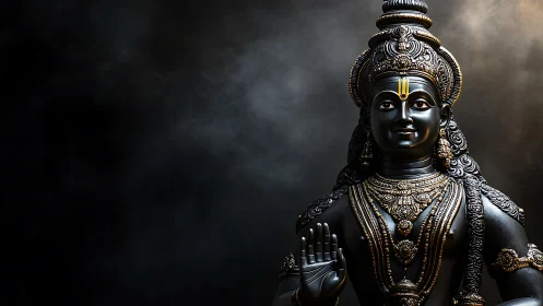 High-contrast metallic deity statue under directional rim lighting