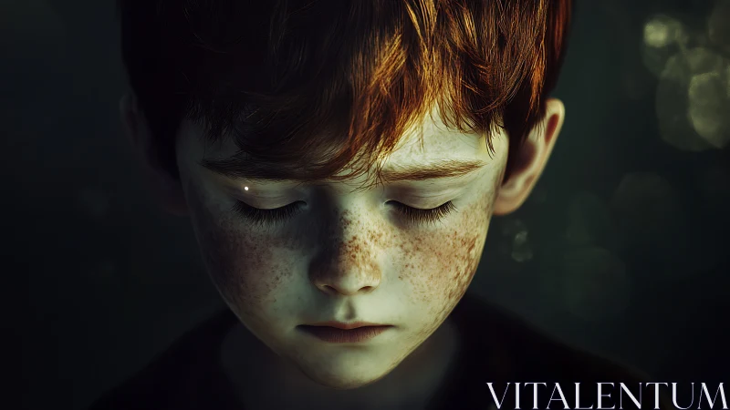 Freckled child in quiet reflection under soft green light.