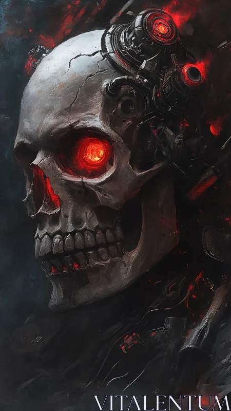 Cybernetic skull glows with red mechanical eye cores