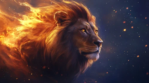 Flame-maned lion sails through starlit embers with silent pride