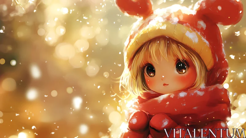 Warm bokeh winter portrait of child in red hooded scarf