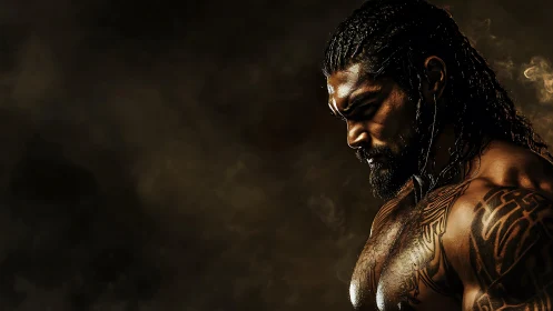 Brooding tribal warrior in dramatic chiaroscuro portrait.