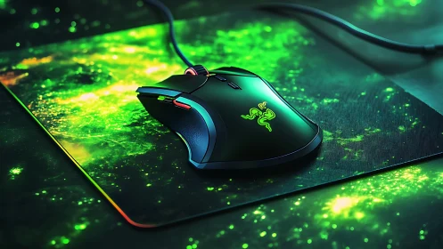 Gaming Mouse Illuminated on Luminous Pad with Neon Glow Effects.